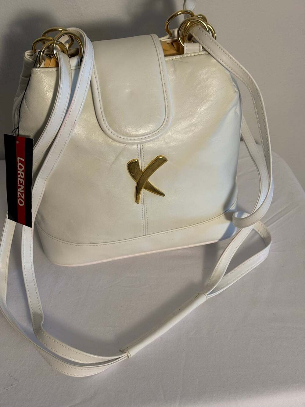 Vintage Lorenzo White Leather Bucket Bag Gold X Emblem Deadstock with Tags